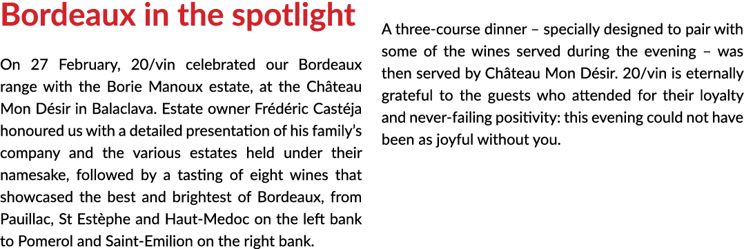 Bordeaux in the spotlight On 27 February, 20 vin celebrated our Bordeaux range with the Borie Manoux estate, at the C   