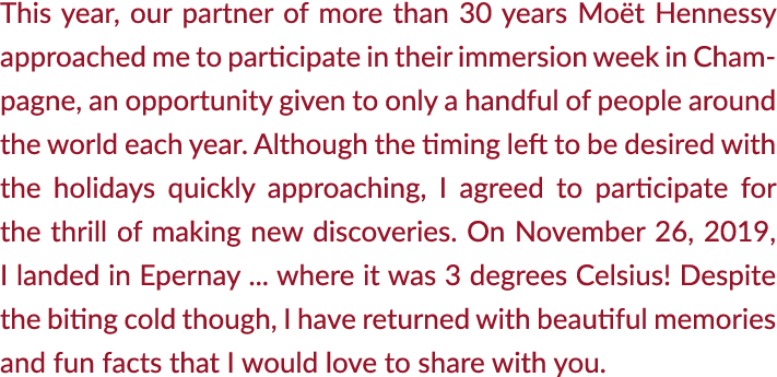 This year  our partner of more than 30 years Mo t Hennessy approached me to participate in their immersion week in Ch   